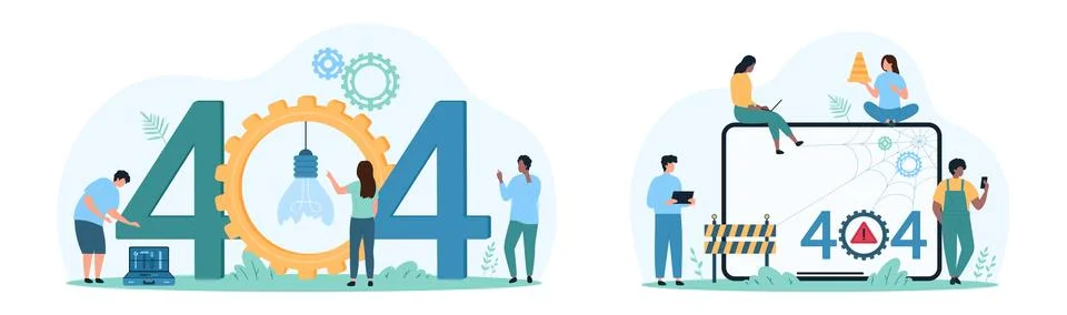 404 error, page not found set, tiny people work with warning web server message Stock Illustration