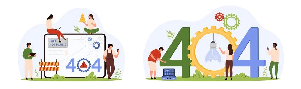 404 error, page not found set, tiny people of maintenance service and lost url 스톡 일러스트