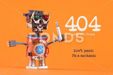 404 error page not found concept. Don't panic I'm a mechanic. Robotic handyman Stock Photos