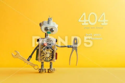 404 error page not found concept. Don't panic I'm a mechanic. Hand wrench pliers Stock Photos