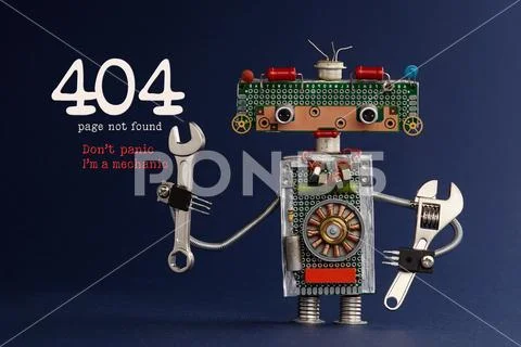 404 error page not found concept. Don't panic I'm a mechanic. Hand wrench Stock Photos