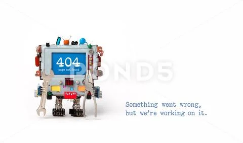 404 error page not found. Handyman robot with hand wrench pliers on white Stock Photos