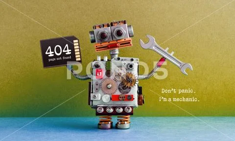 404 error page not found. Creative design robot, hand wrench memory card. Green Stock Photos