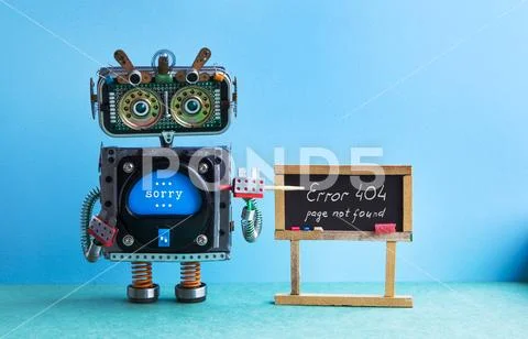404 error page not found. Robot teacher with pointer, black chalkboard Stock Photos