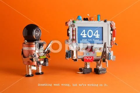 404 error page not found. Serviceman robot with screw driver, robotic computer Stock Photos