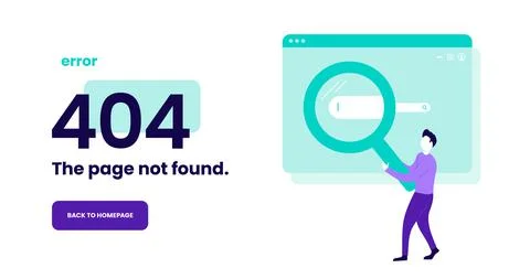 404 error page template with man holding magnifying glass at search bar in we Ilustración de archivo
