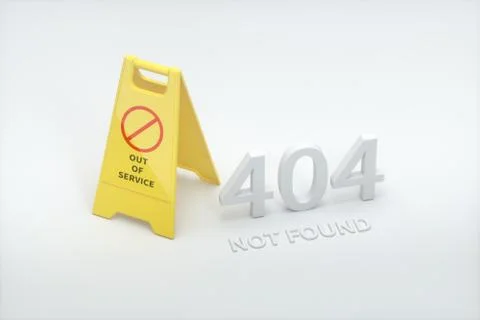 404 error page with yellow floor sign aside, 3d rendering Stock Photos