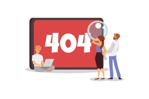 404 error on tablet screen and tiny people, flat vector illustration isolated. Stock Illustration