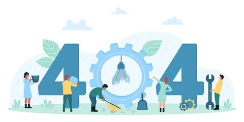 404 Error, web page or file not found, tiny people holding tools to repair Illustrazione stock