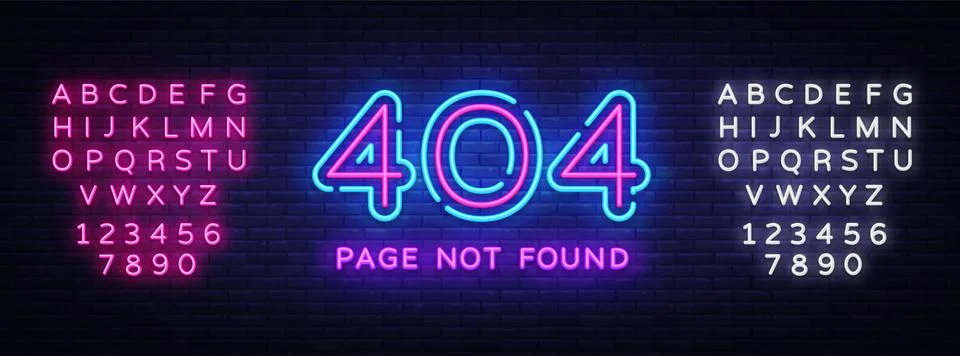 404 page not found vector banner. 404 error design template, neon sign billboard Ilustración de archivo