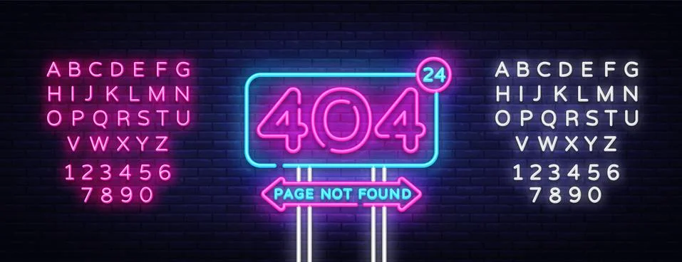 404 page not found vector banner. 404 error design template, neon sign billboard Stock Illustration
