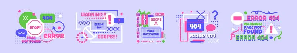 404 sign. Error icon. Computer warning symbols. Cartoon Memphis text message. Stock Illustration