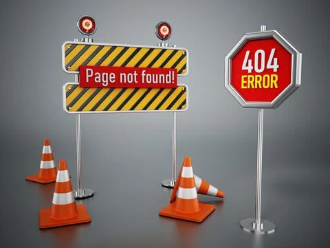 404 web page not found error signboard and traffic cones. 3D illustration Stock-Illustration
