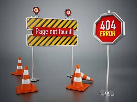 404 web page not found error signboard and traffic cones. 3D illustration ... Stock Photos