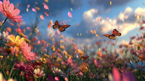 41 46 Spring meadow full of colorful flowers butterflies flying aro 14a15a5b Stock Footage 318235272