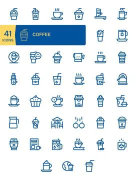 41 Bold Line Vector Icons for Coffee in crisp High Resolution PIXEL Perfect.. Stock Illustration