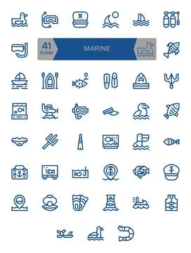 41 Bold Line Vector Icons for Marine in crisp 64x64 Grid Fitted resolution Stock Illustration