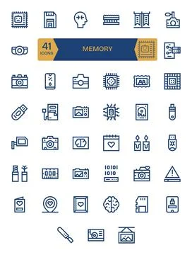 41 Vector Icons for Memory featuring 256x256 Pixel Aligned Bold Line Graphics Stock Illustration