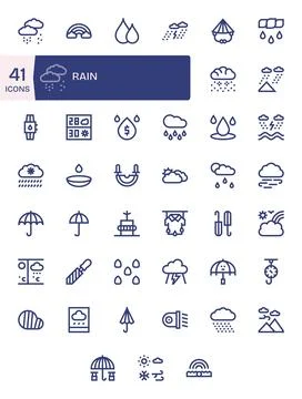 41 Vector Icons for Rain featuring 256x256 Pixel Aligned Bold Line Graphics Stock Illustration