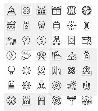 42 128x128 Pixel Aligned Vector Icons for Energy in Regular Line Theme Stock Illustration
