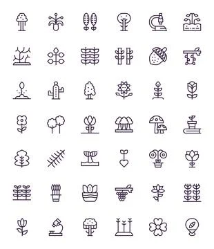 42 128x128 Pixel Optimized Vector Icons for Botany in Regular Line Theme Stock Illustration