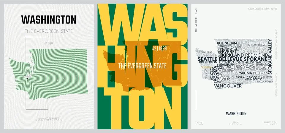 42 of 50 sets, US State Posters with name and Information in 3 Design Styles, Stock Illustration
