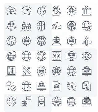 42 64x64 Grid Fitted Vector Icons for Global in Regular Line Theme Stock Illustration