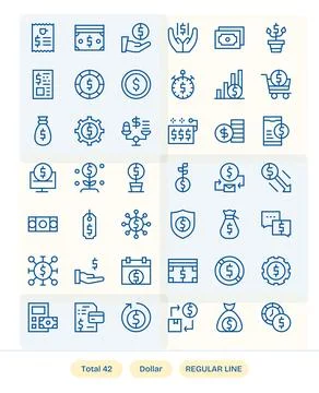 42 Editable Regular Line Vector Icons designed for Dollar Interface Ilustración de archivo