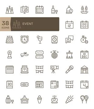 42 High Resolution Regular Line Pixel Aligned Vector Icons for Event Projects Stock Illustration