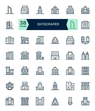 42 Pixel Aligned Regular Line Vector Icons designed for Skyscraper Interface Stock Illustration