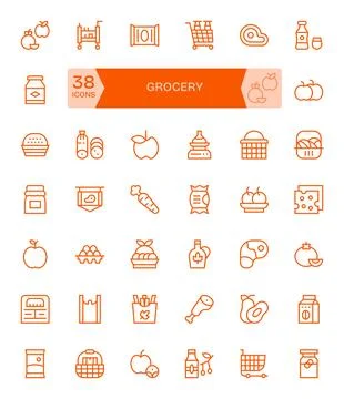 42 PIXEL Perfect Regular Line Vector Icons designed for Grocery Interface Illustration