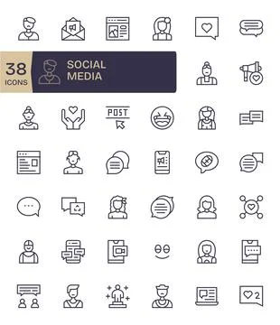 42 Regular Line Pixel Aligned 64x64 Vector Icons from Social Media Suite Stock Illustration