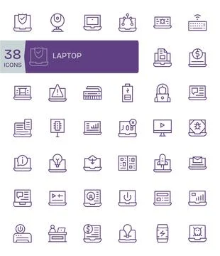 42 Regular Line Pixel Aligned Vectors for Laptop Theme Stock Illustration