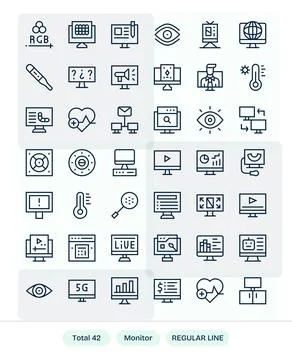 42 Regular Line Pixel Optimized Designs for Monitor Retina Ready Vector Icons Stock Illustration