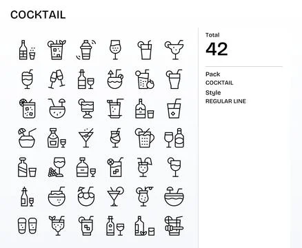 42 Regular Line Vector Icons for Cocktail in crisp 128x128 Editable resolutio Stock Illustration