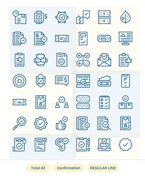 42 Regular Line Vector Icons from Confirmation in High Resolution PIXEL Per.. Stock Illustration