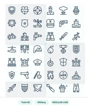 42 Retina Ready Regular Line Vector Icons for Military with Pixel Optimized.. Stock Illustration
