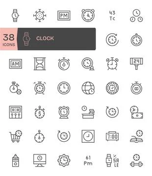 42 Vector Icons for Clock featuring 256x256 Pixel Optimized Regular Line Gr.. Stock Illustration
