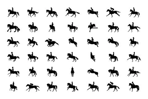 42 vector silhouettes on the theme of horse riding Stock Illustration