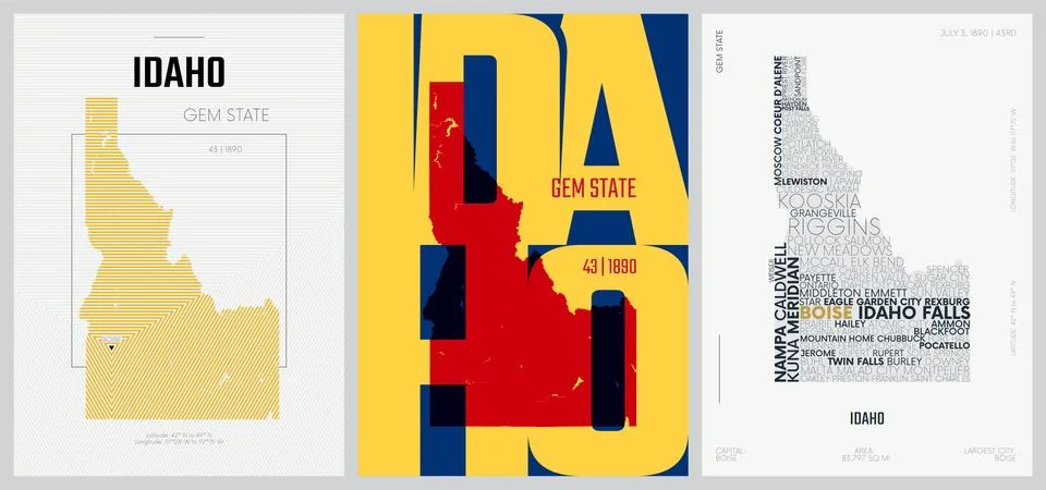 43 of 50 sets, US State Posters with name and Information in 3 Design Styles, Stock Illustration
