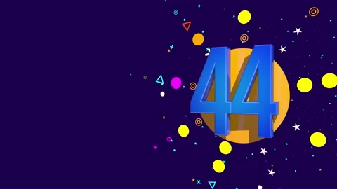 44 number on an orange circle spewing stars, circles, triangles against dark pur Stock Footage 241839801