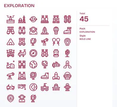 45 128x128 Bold Line Vector Icons optimized for Exploration Pixel Optimized.. Stock Illustration