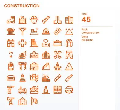 45 256x256 Pixel Optimized Vector Icons for Construction in Bold Line Theme Illustrazione stock