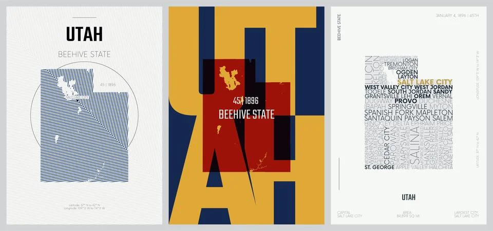 45 of 50 sets, US State Posters with name and Information in 3 Design Styles, Stock Illustration