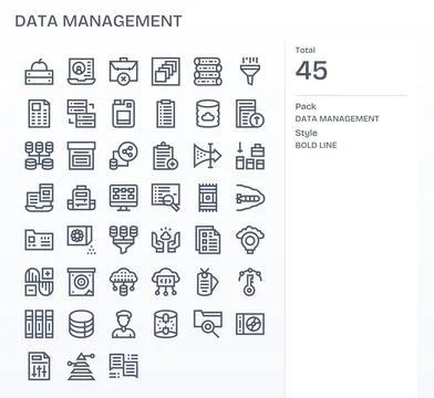 45 64x64 Vector Icons for Data Management in Detail Enhanced Bold Line Format Stock Illustration