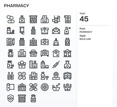 45 Bold Line Pixel Optimized 256x256 Vector Icons from Pharmacy Suite Stock Illustration