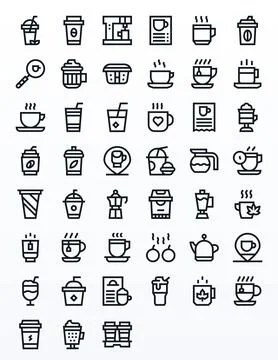 45 Bold Line PIXEL Perfect Designs for Hot Drink High Resolution Vector Icons Stock Illustration