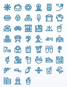 45 Bold Line PIXEL Perfect Designs for Summer High Resolution Vector Icons Stock Illustration