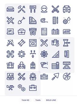 45 Bold Line Vector Icons from Tools in 256x256 Pixel Aligned Quality Stock Illustration