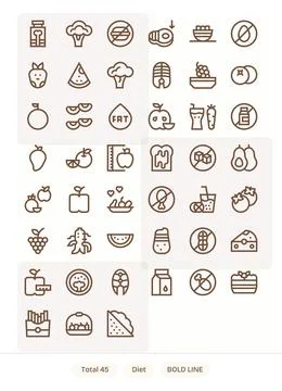 45 Diet Pixel Aligned Vector Icons in 256x256 Bold Line Aesthetic Stock Illustration